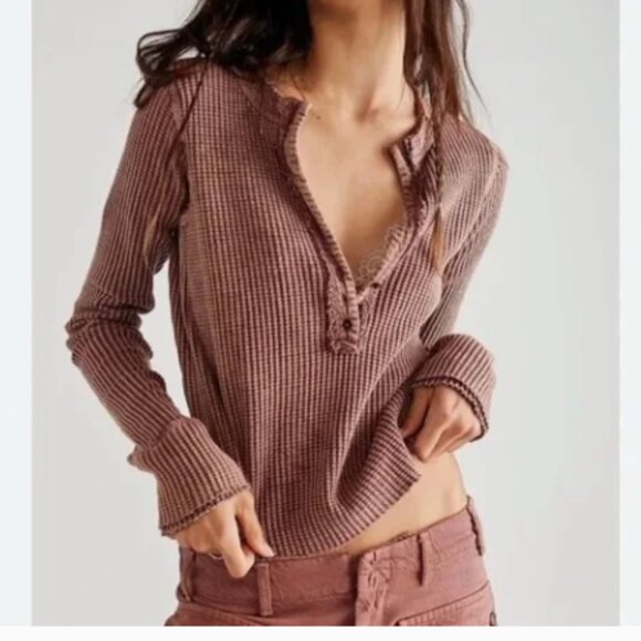 FREE PEOPLE ONE Colt Thermal Top Brown boho Size Small - Picture 1 of 6